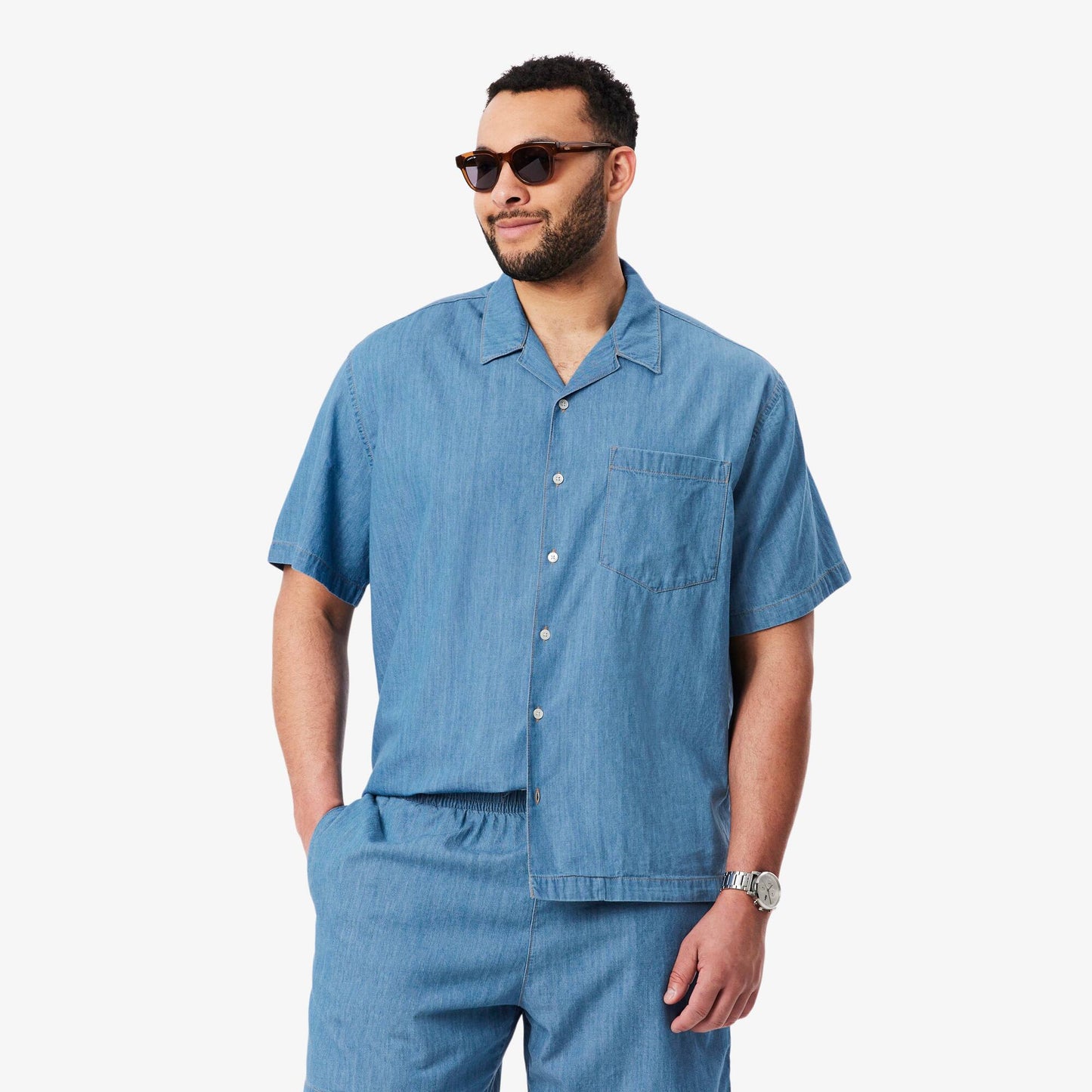 Relaxed Fit Open Neck Denim Shirt