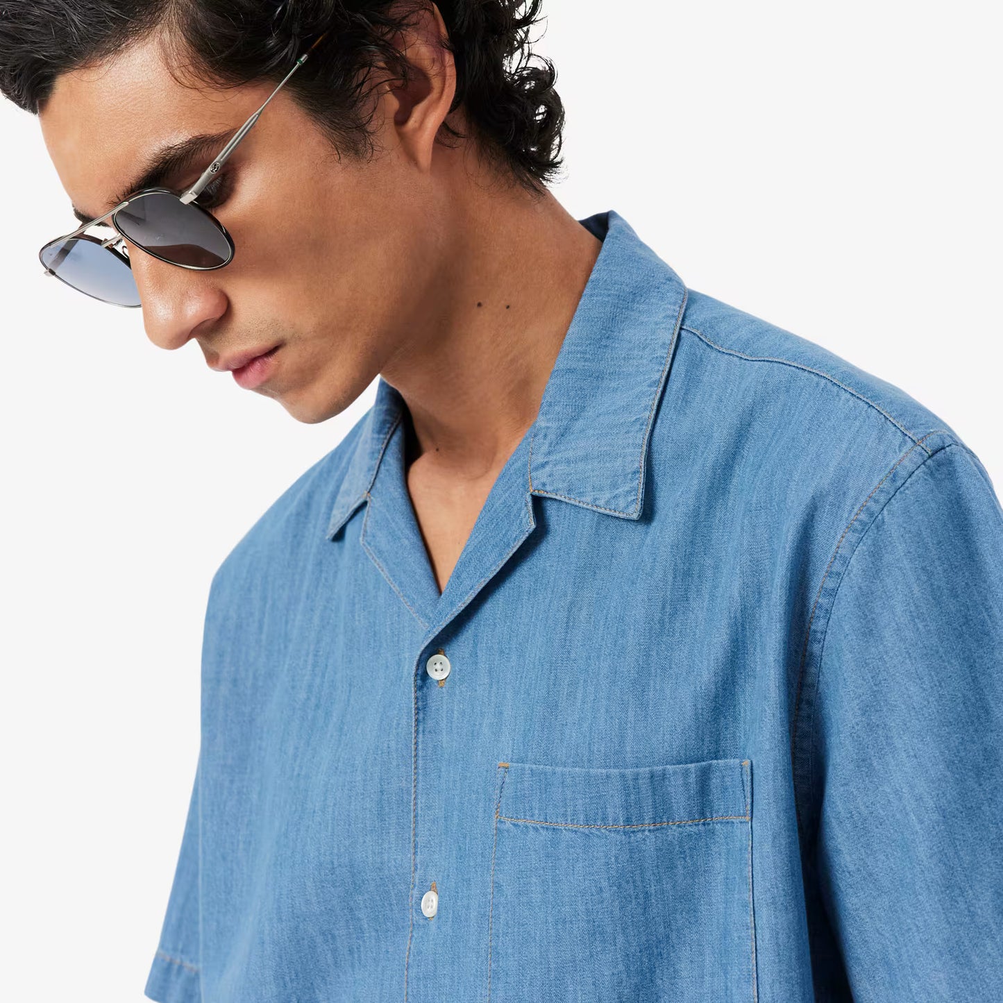 Relaxed Fit Open Neck Denim Shirt