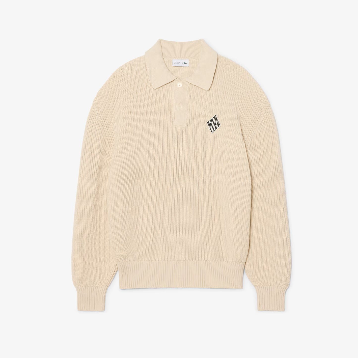 Badge Accent Pearl Rib Polo Collar Sweater
