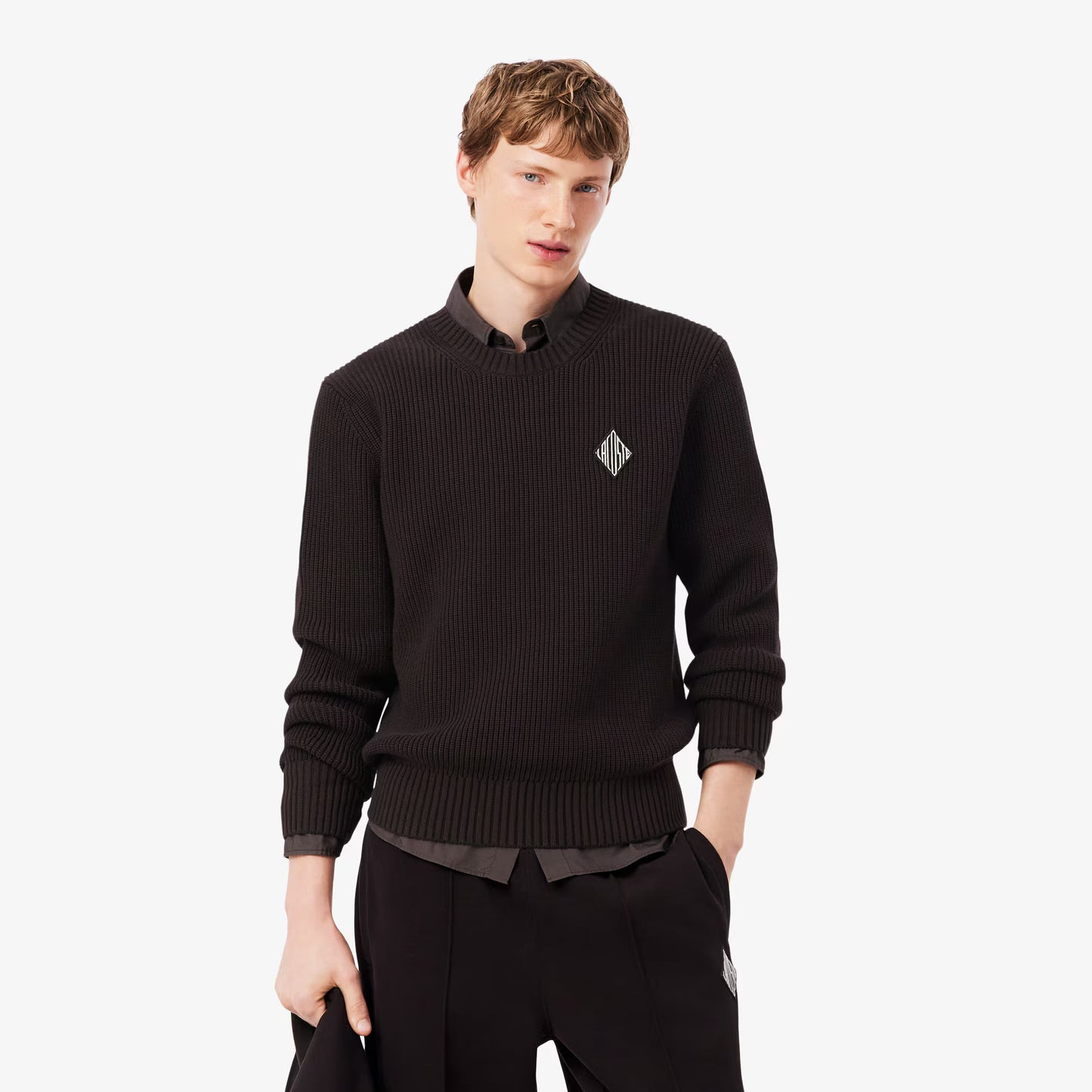 Pearl Rib Knit Badge Accent Sweater